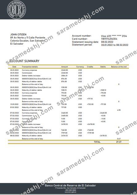 Salvador Banco Central de Reserva of El Salvador bank statement Excel and PDF template